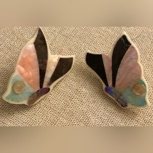 LEE SANDS Rose Quartz & Agate Inlay Vintage Butterfly Vintage Pierced Earrings